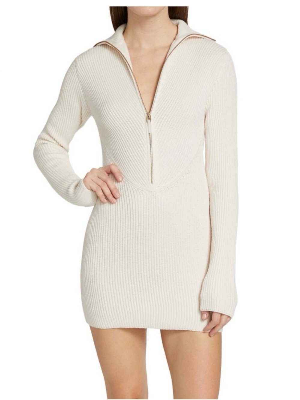 GAUGE 81. Xs Cream Ribbed Zip-Front Sweater Dress